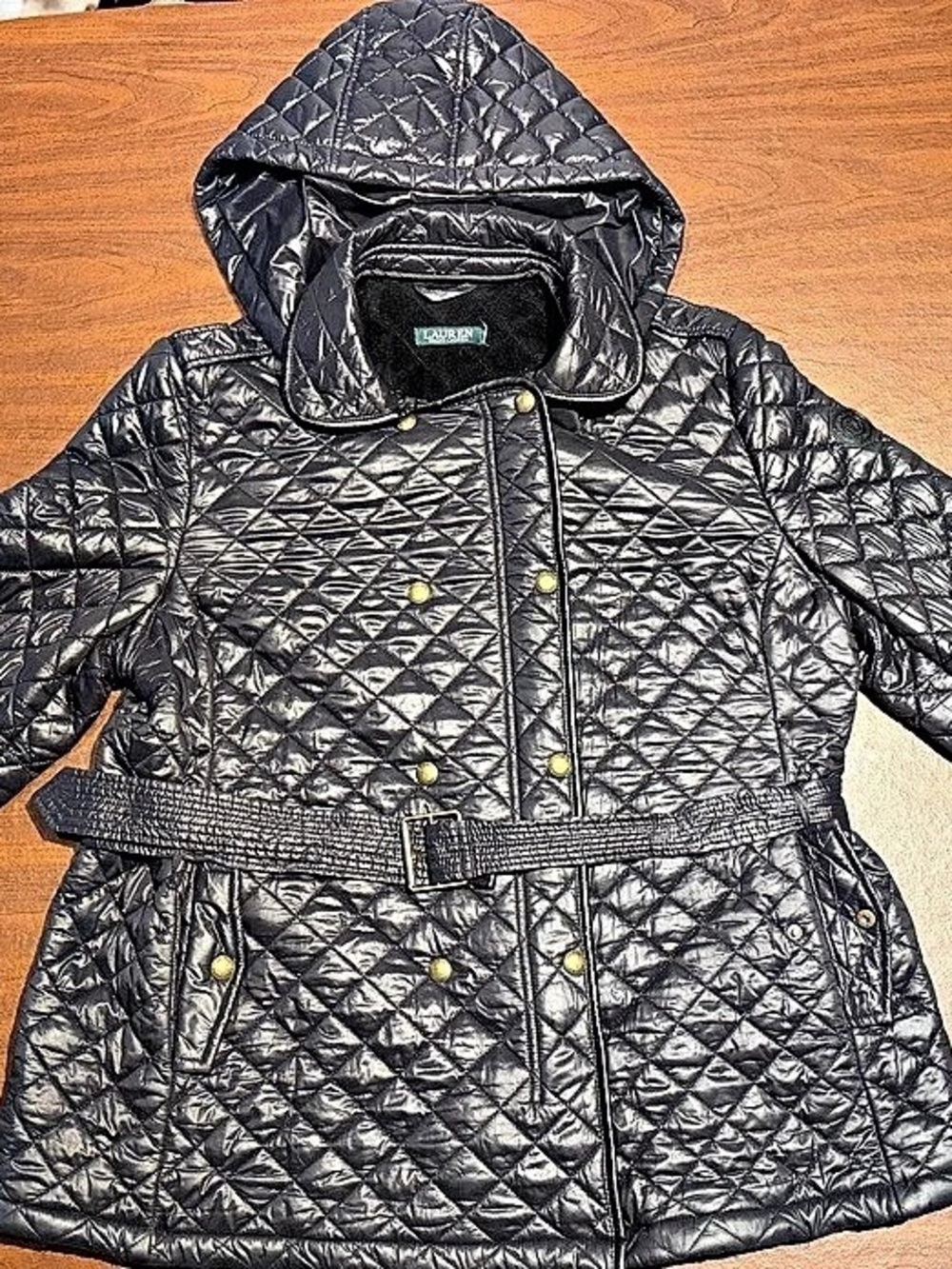 Lauren Ralph Lauren Women’s Black Quilted Belted Hooded Mid-Length Jacket XL